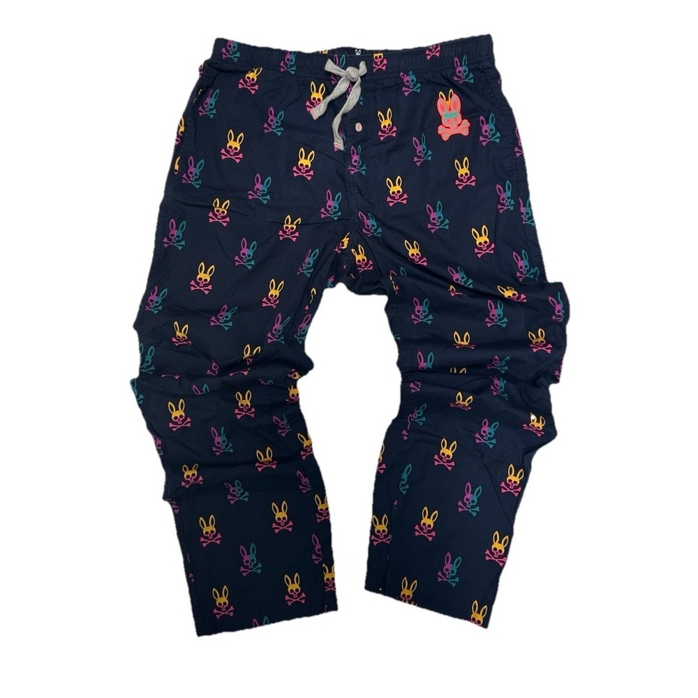 Psycho Bunny Lounge Pajama Pants Mens M Navy Cotton Allover Colorful Bunny Skull